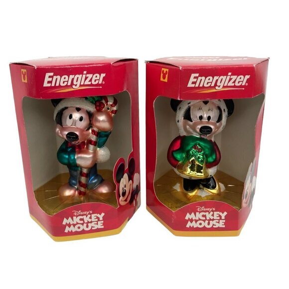 Vtg Disney Energizer Mickey & Minnie Mouse Mouth Blown Glass Christmas Ornaments - Picture 1 of 11